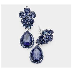 Classy 2" clip on silver, blue stone flower and teardrop earrings